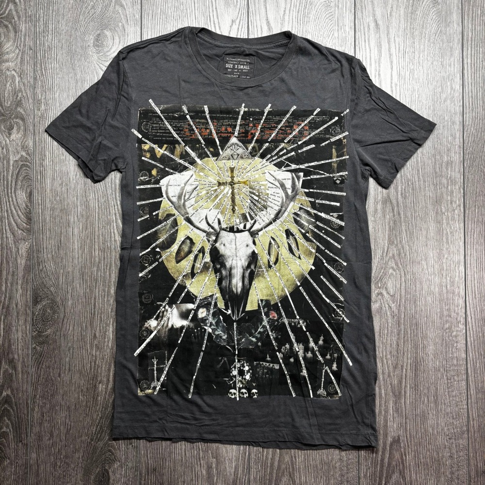 AllSaints Spitalfields Mens XS Graphic T-Shirt Charcoal Gray Deer Skull Occult